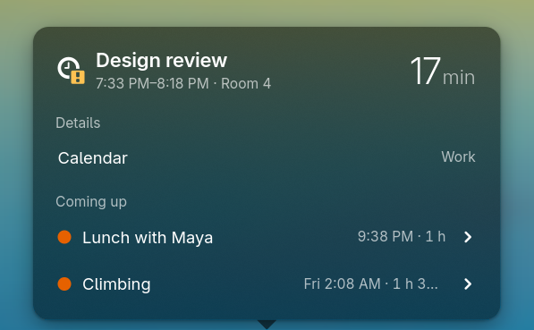 The next-event popover