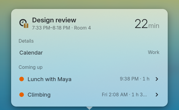 The next-event popover