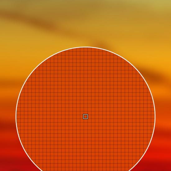 The magnifier lens over a frozen sky, enlarging the area under the pointer with a pixel grid drawn over it