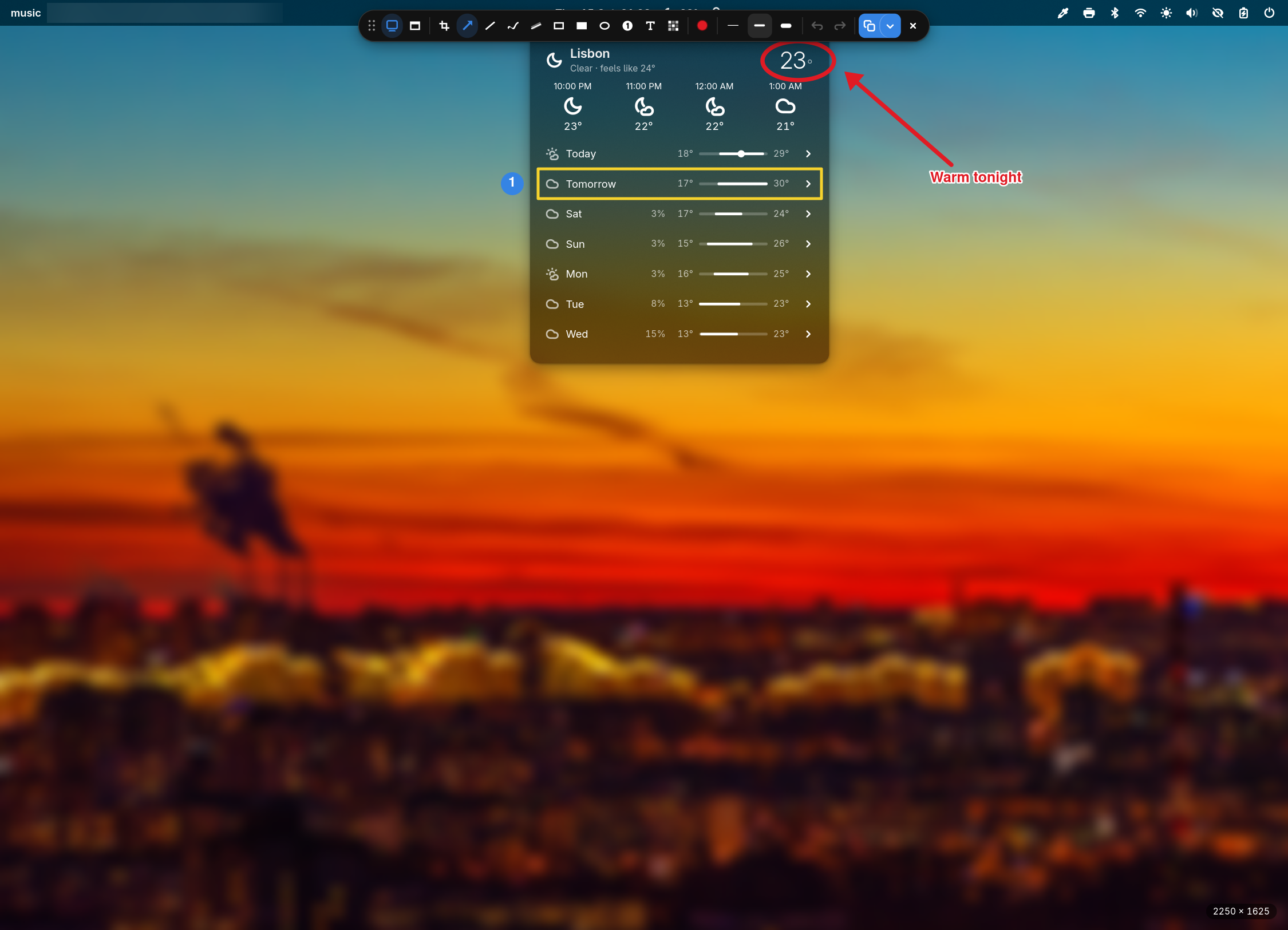 The glimpse-shot editor over a frozen screen: a toolbar at the top, a weather panel circled in red with an arrow and a label, one row boxed in yellow and numbered, and the media title in the bar blurred