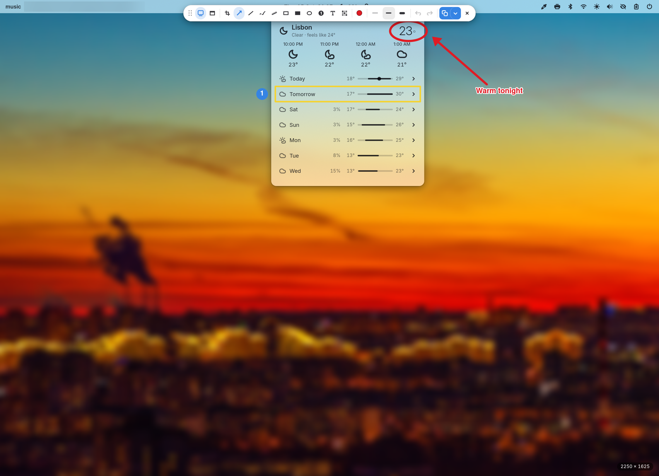 The glimpse-shot editor over a frozen screen: a toolbar at the top, a weather panel circled in red with an arrow and a label, one row boxed in yellow and numbered, and the media title in the bar blurred