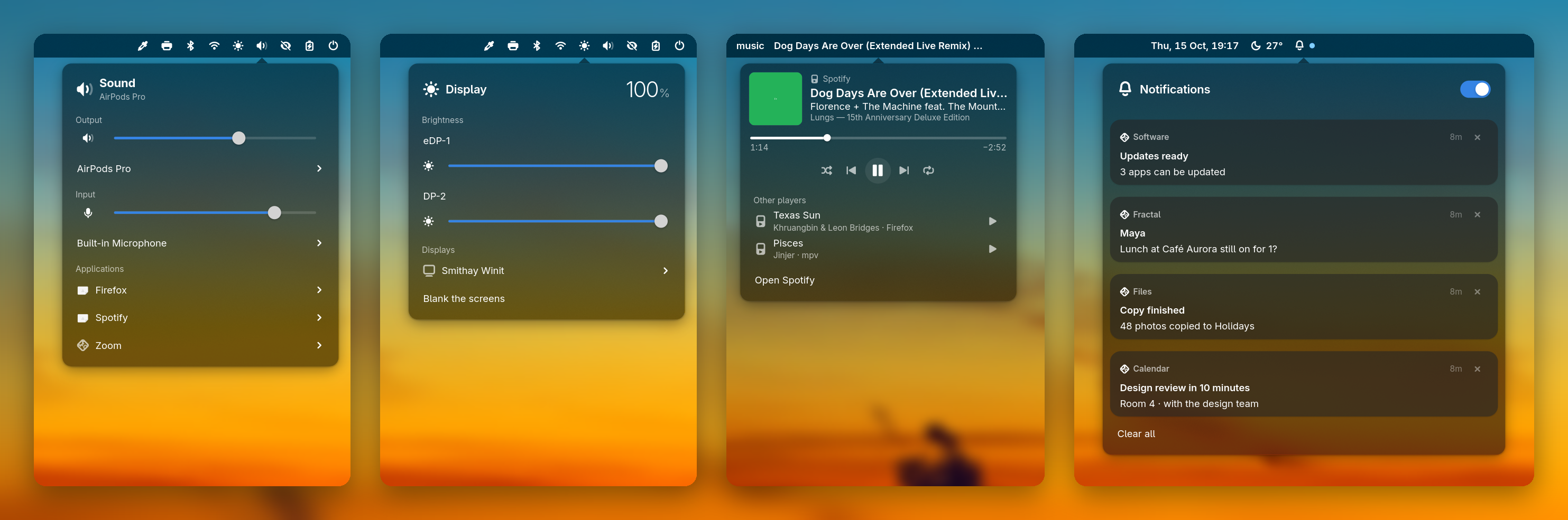 The weather, Bluetooth, media player and notification popovers open side by side