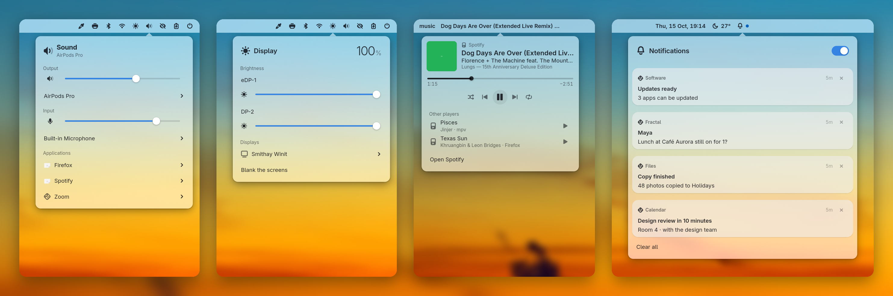 The weather, Bluetooth, media player and notification popovers open side by side